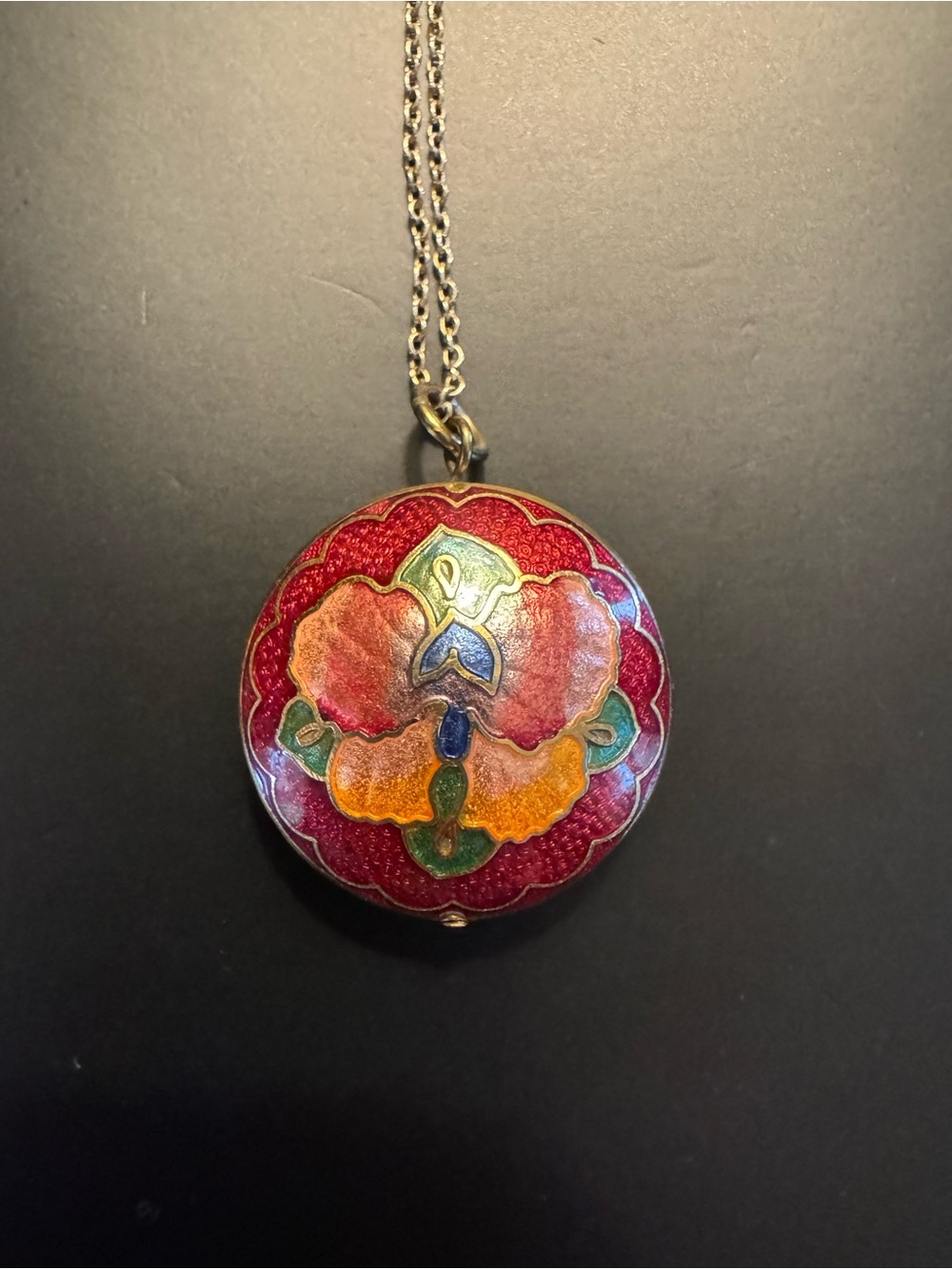 Vintage Red Cloisonné Orb Pendant Necklace - 24K Gold Plated